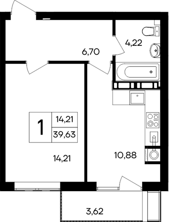 Планировка 1-комн 39,63 м²