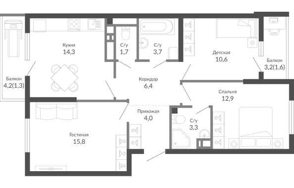 Планировка 3-комн 75,6 м²