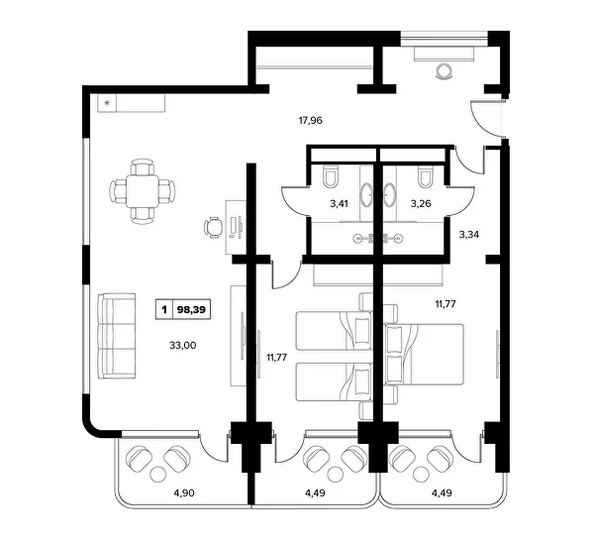 Планировка 3-комн 98,39 м²