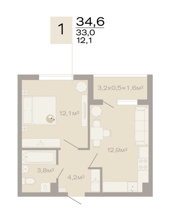 Планировка 1-комн 34,6 м²