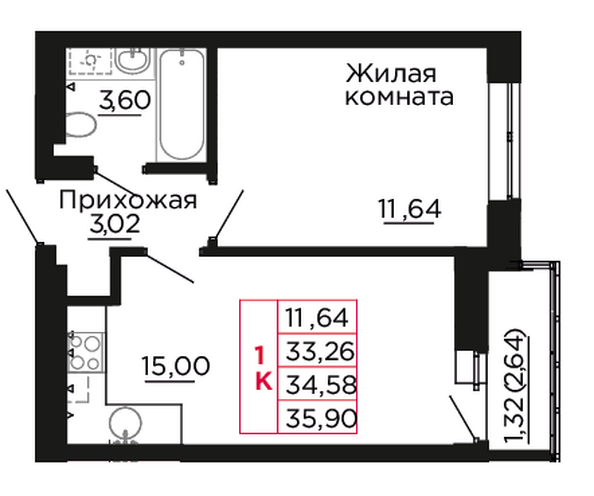 Планировка 1-комн 34,58 м²