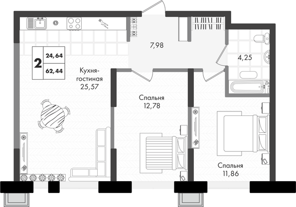 Планировка 2-комн 62,44 м²