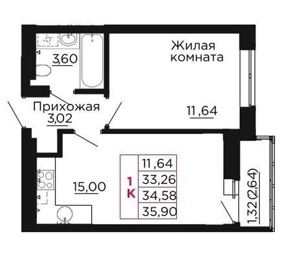 Планировка 1-комн 34,58 м²