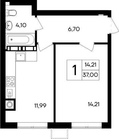 Планировка 1-комн 37, 37,12 м²