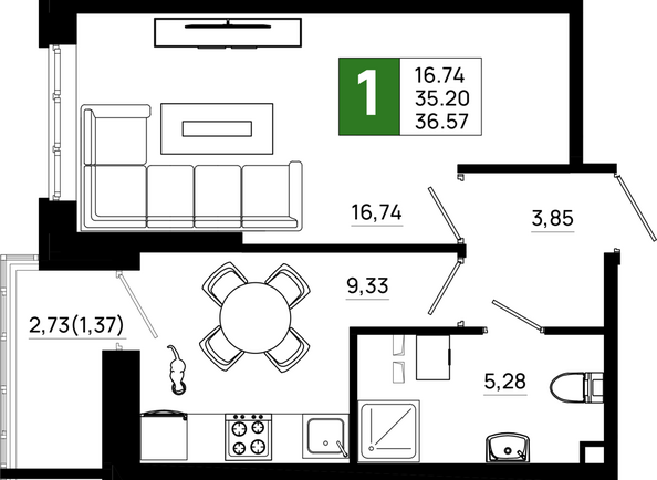 Планировка 1-комн 36,57 м²