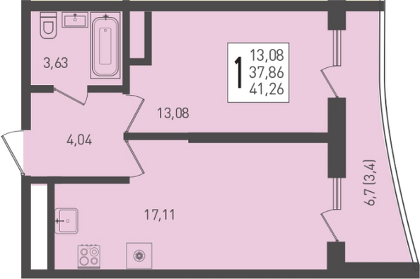 Планировка 1-комн 41,26 м²