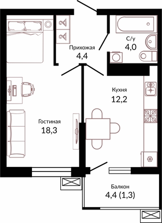 Планировка 1-комн 40,2 м²