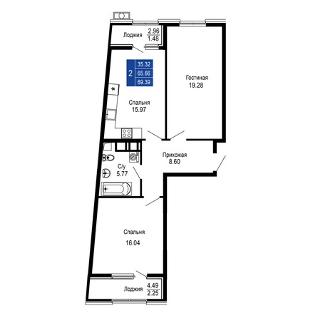 Планировка 2-комн 69,39 м²