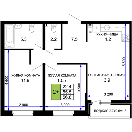 Планировка 2-комн 56,8 м²