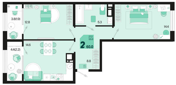 Планировка 2-комн 60 м²