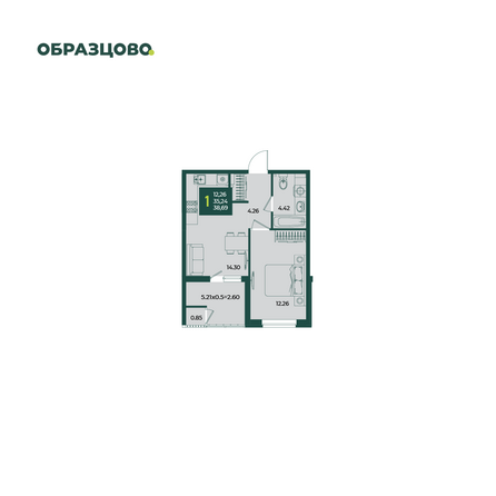 Планировка 1-комн 38,69 м²