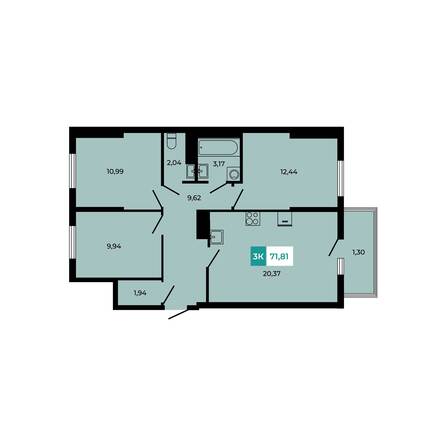 Планировка 3-комн 71,81 м²