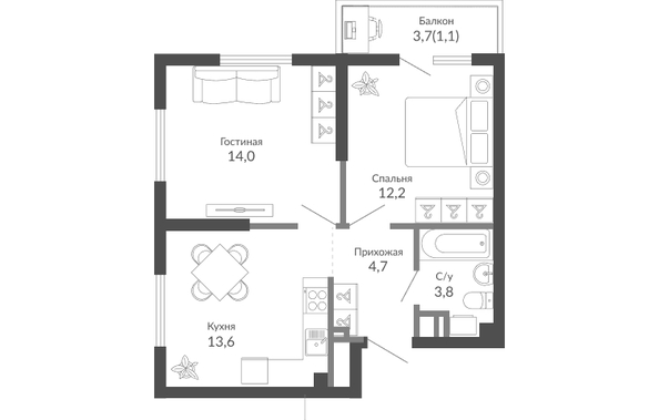 Планировка 2-комн 49,4 м²