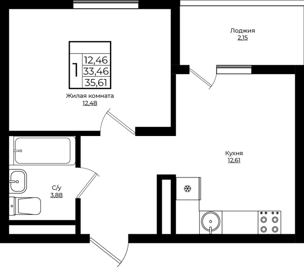 Планировка 1-комн 35,61 м²