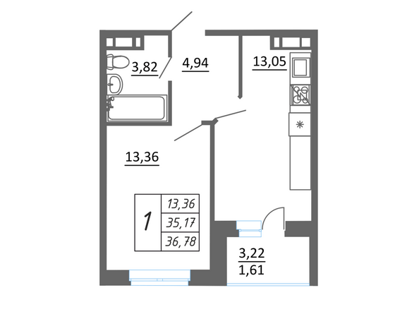 Планировка 1-комн 36,78 м²