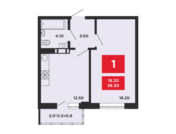 Планировка 1-комн 39,3 м²