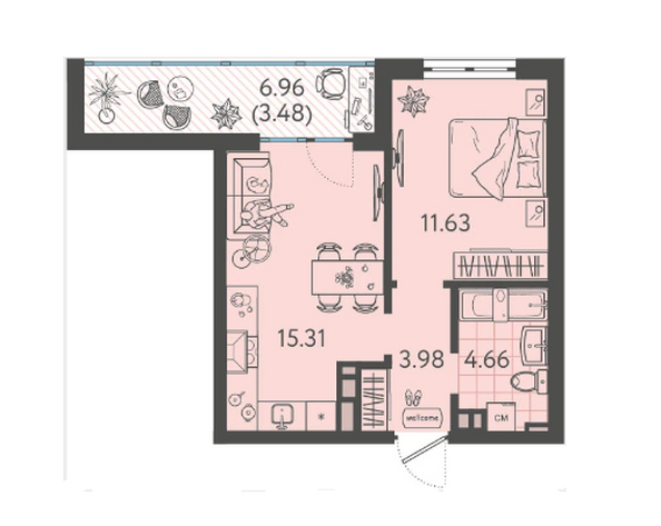 Планировка 1-комнатной квартиры, подъезды 3, 4