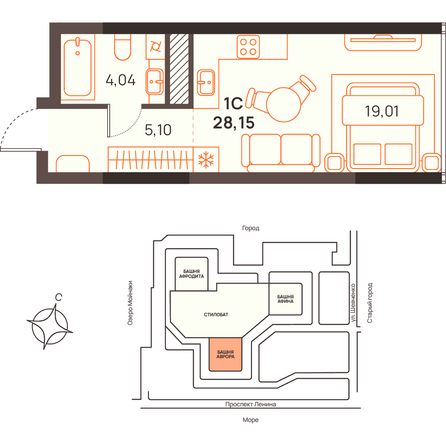 Планировка Студия 28,15 м²