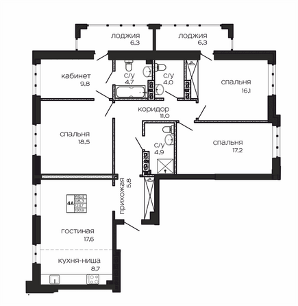 Планировка 4-комн 130,9 м²