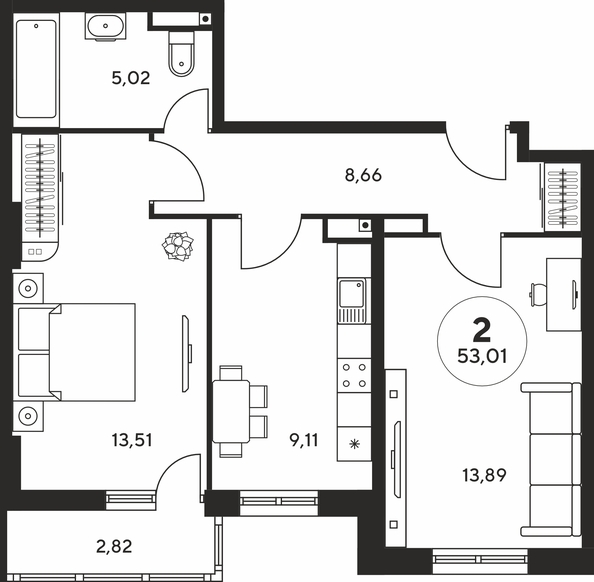 Планировка 2-комн 52,87 - 53,08 м²