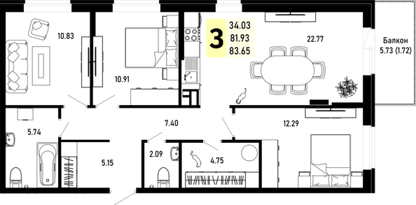 Планировка 3-комн 83,65 м²