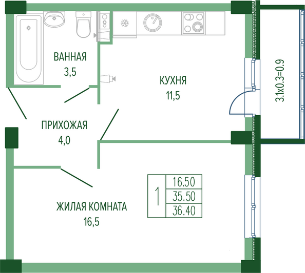 Планировка 1-комн 36,4, 36,7 м²