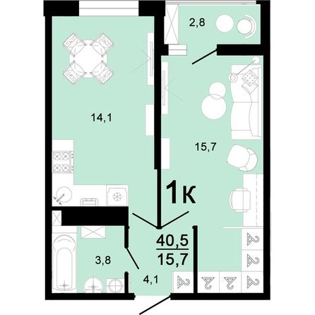 Планировка 1-комн 40,5 - 41,2 м²