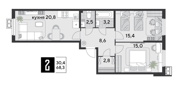 Планировка 2-комн 68,3 м²