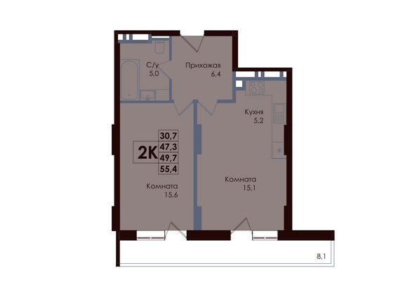 Планировка 2-комн 49,7 м²