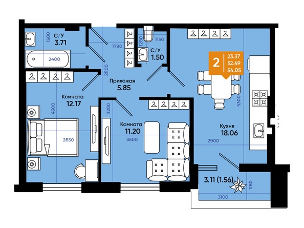 Планировка 2-комн 54, 54,05 м²