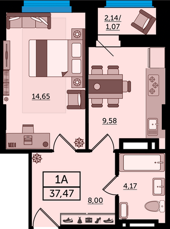 Планировка 1-комн 37,47 м²