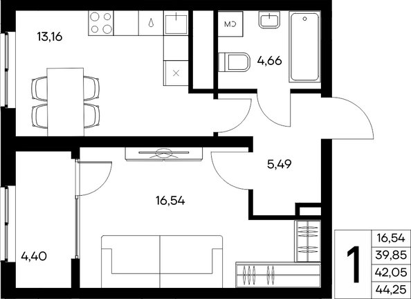 Планировка 1-комн 44,25 м²