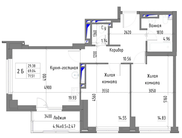 Планировка 2-комн 71,51 м²