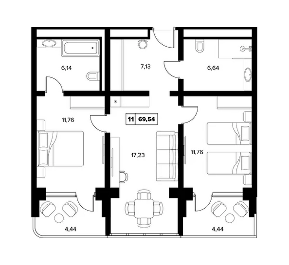 Планировка 2-комн 69,54 м²