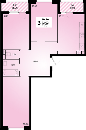 Планировка 3-комн 74,76 м²