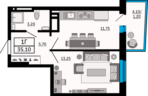 Планировка 1-комн 35,1 м²