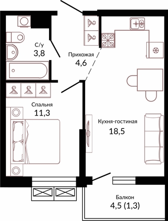 Планировка 1-комн 39,5 м²