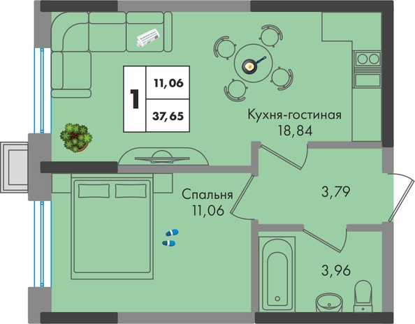 Планировка 1-комн 37,65 м²