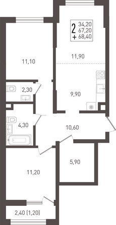 Планировка 2-комн 68,4 м²