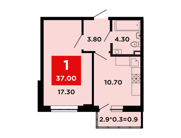 Планировка 1-комн 37 - 38,4 м²