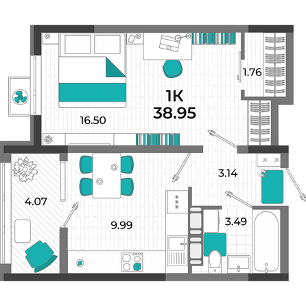 Планировка 1-комн 38,95 м²