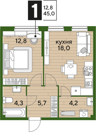 Планировка 1-комн 45 м²