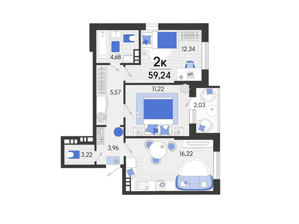 Планировка 2-комн 59,24 м²