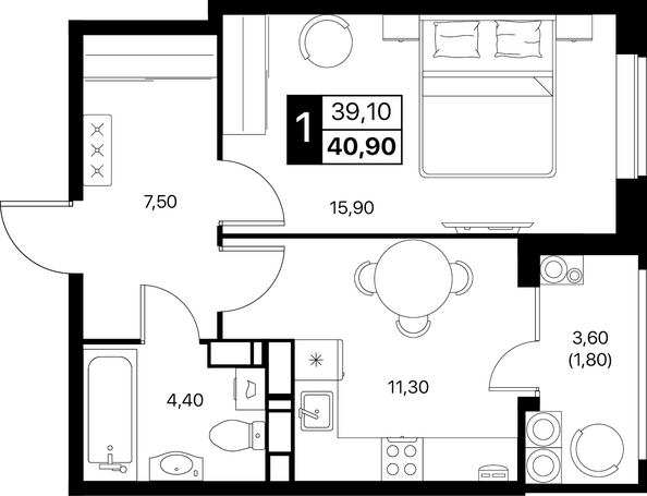 Планировка 1-комн 40,9 м²