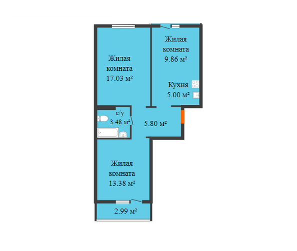 Планировка 3-комн 57,29 м²