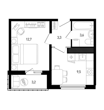 Планировка 1-комн 30,7 м²