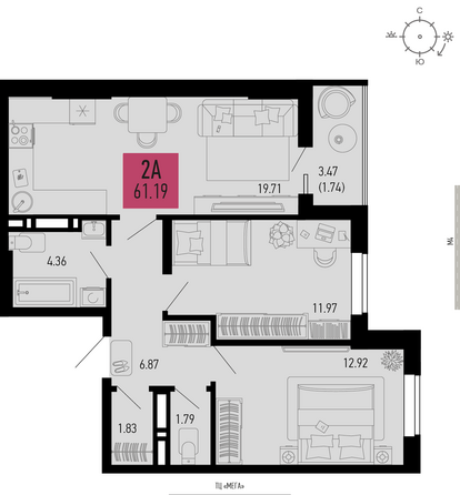 Планировка 2-комн 61,19 м²