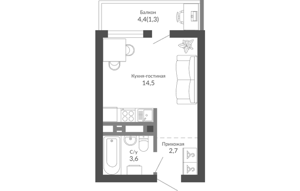 Планировка 1-комн 22,1 м²