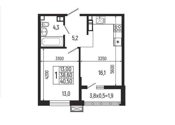 Планировка 1-комн 40,5 м²