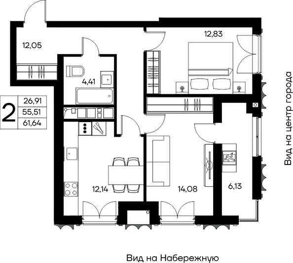 Планировка 2-комн 61,64 м²